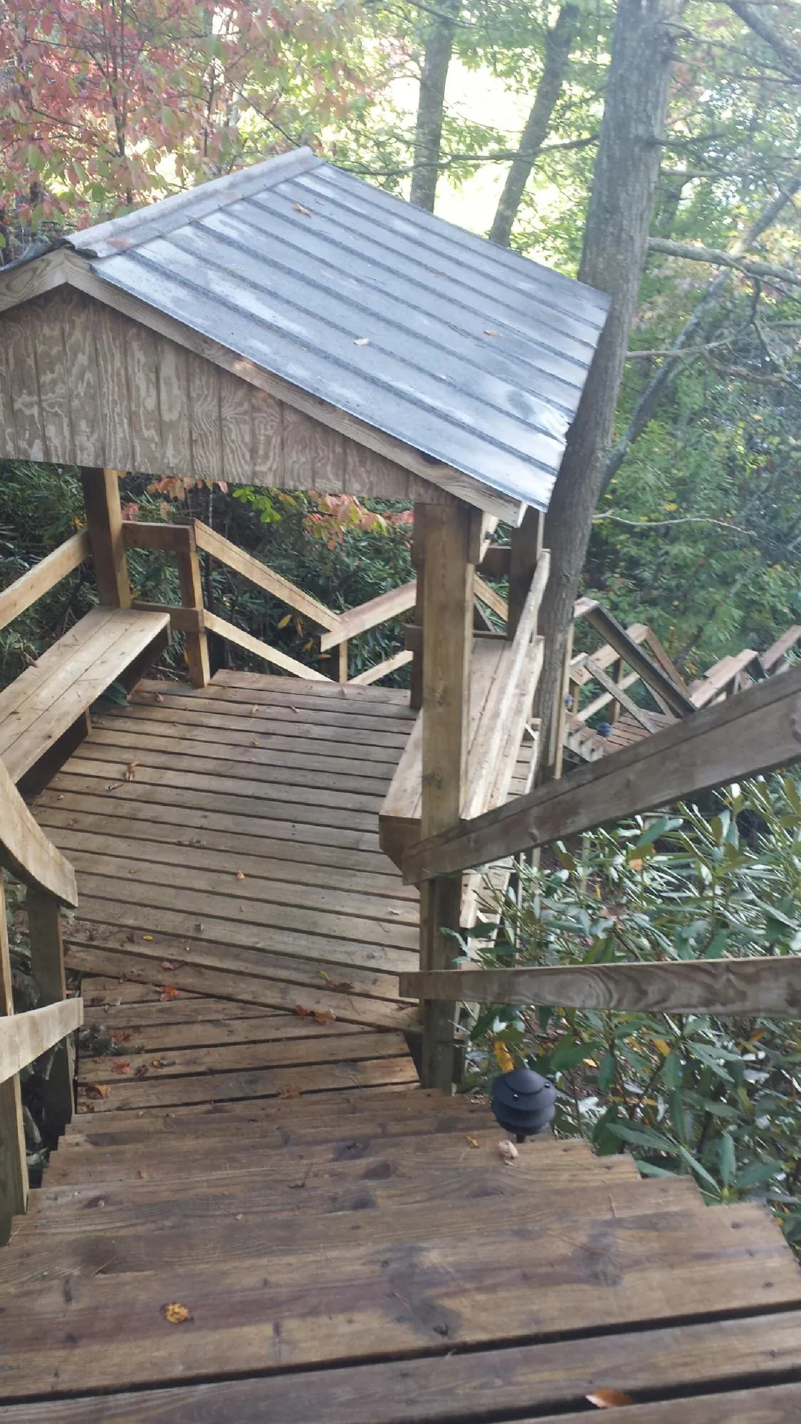 Metal roofed shelter over wooden steps on a wooded walkway — Skylight Repair & Installation work by our crew in Willard